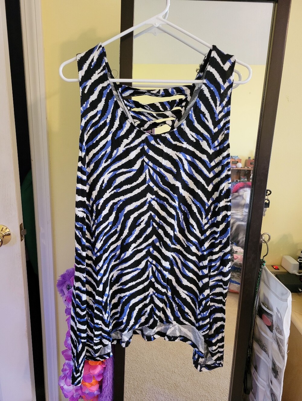 Zebra-Print Strappy Back Tank Top in Black, White & Blue